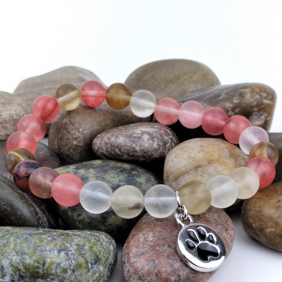 Jewelry - Paw Print Charm and Cherry Quartz Beaded Stretch Bracelet